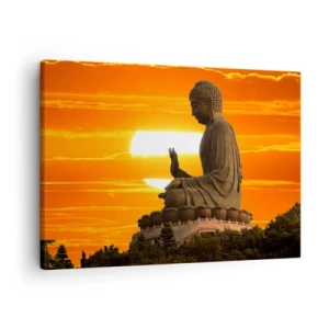 Tablou pe pânză Canvas - O statuie budistă pe fundalul unui apus de soare portocaliu - 70x50cm - Fără frică de lume - Decorațiune modernă pentru perete pentru living și dormitor ARTTOR