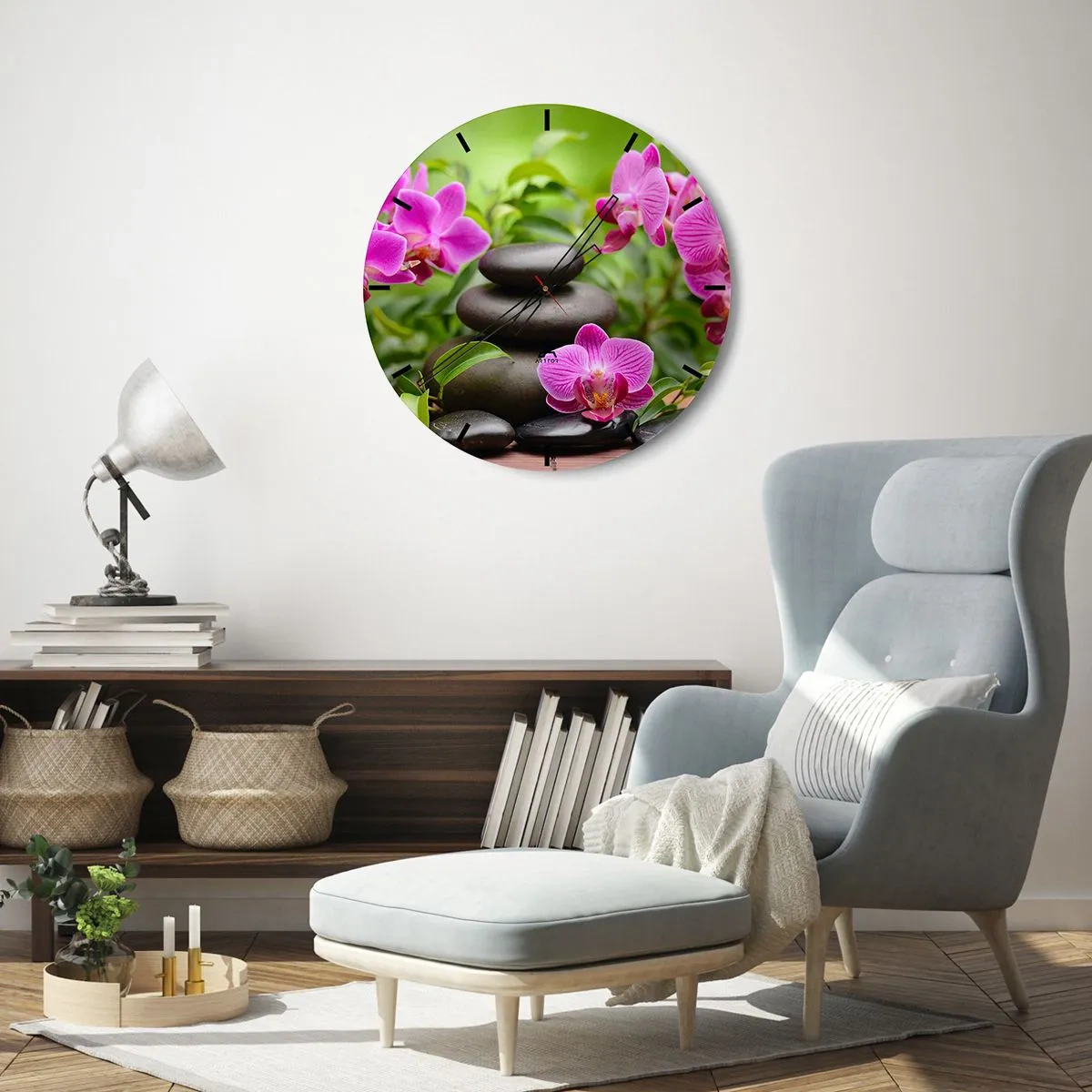 Ceas de perete - Ceas pe sticlă - Pietre negre și orhidee roz pe un fundal verde - 30x30cm - Piramida de liniște - Decorațiune modernă pentru perete pentru living, bucătărie și dormitor ARTTOR