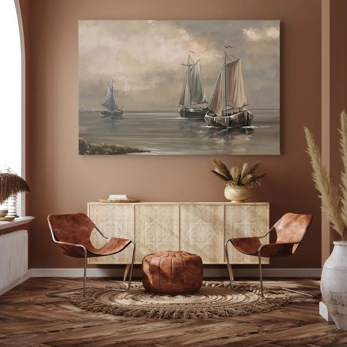 Tablou pe pânză Canvas - Bărci cu pânze pe o mare calmă într-un decor pastelat - 70x50cm - Întoarcerea marinarilor - Decorațiune modernă pentru perete pentru living și dormitor ARTTOR