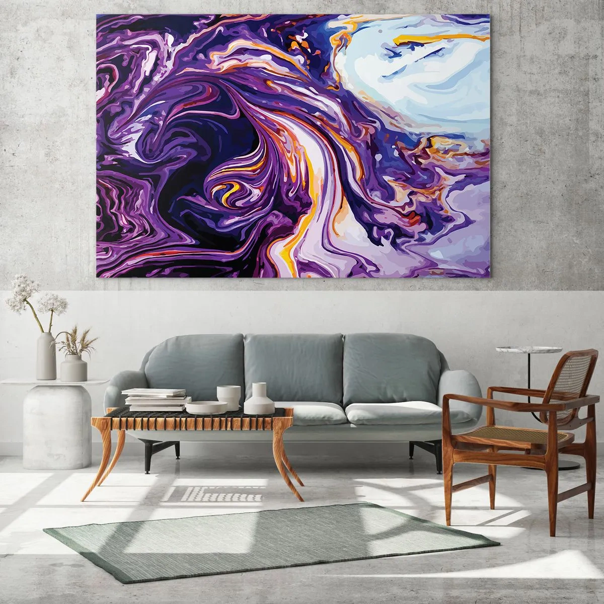 Tablou pe sticlă - Model abstract în nuanțe de violet și alb cu linii dinamice - 70x50cm - Îndoirea spațiului în mov - Decorațiune modernă pentru perete pentru living și dormitor ARTTOR