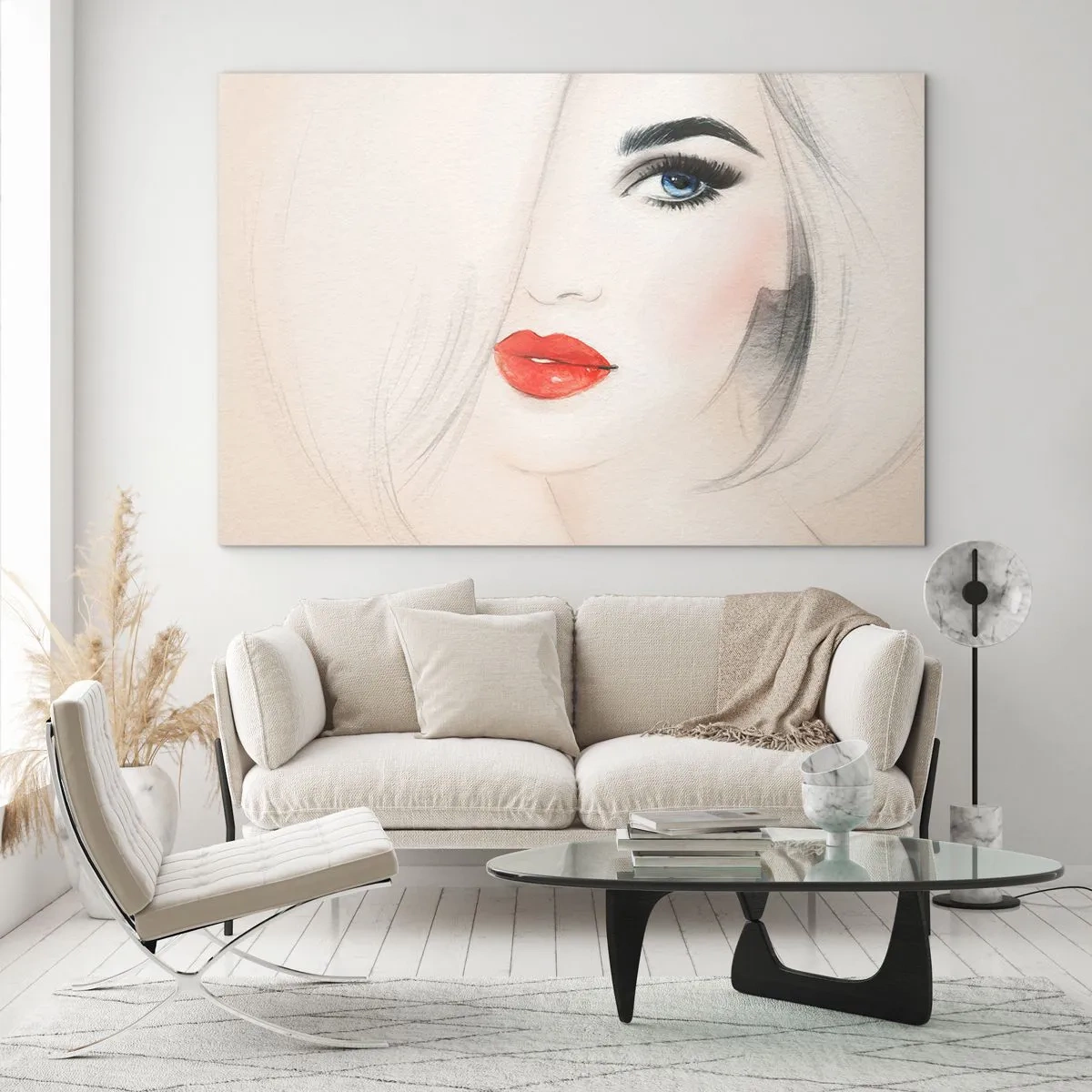 Tablou pe sticlă - Portretul unei femei cu părul deschis la culoare, buze roșii și ochi albaștri - 70x50cm - Hipnotizează și intoxică - Decorațiune modernă pentru perete pentru living și dormitor ARTTOR