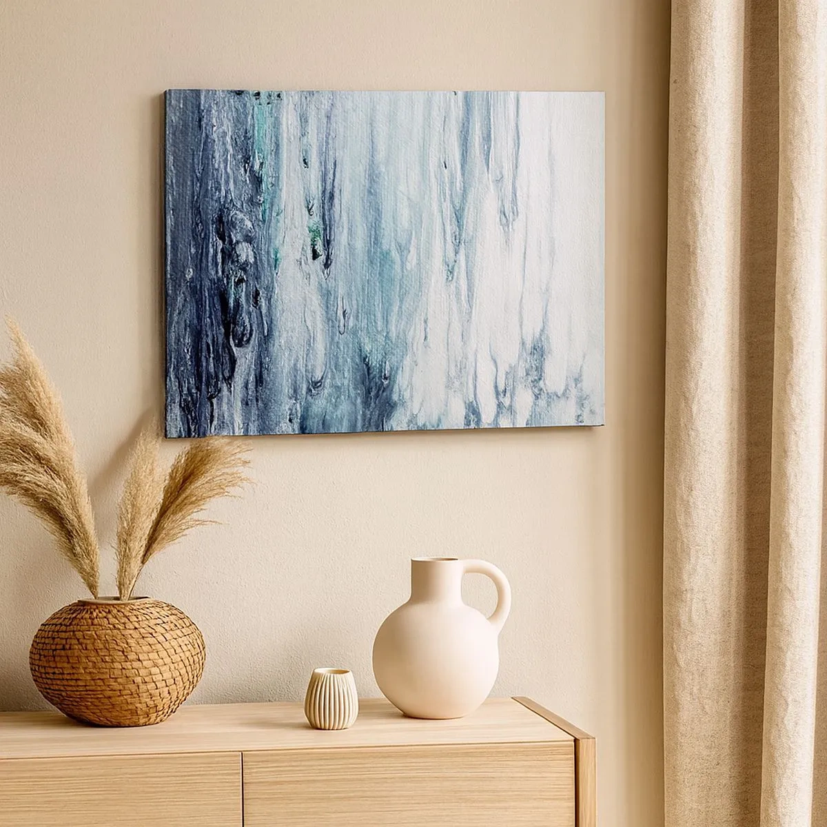 Tablou pe pânză Canvas - Dungi abstracte albastre și albe care seamănă cu țurțuri - 70x50cm - Țurțuri de albastru - Decorațiune modernă pentru perete pentru living și dormitor ARTTOR