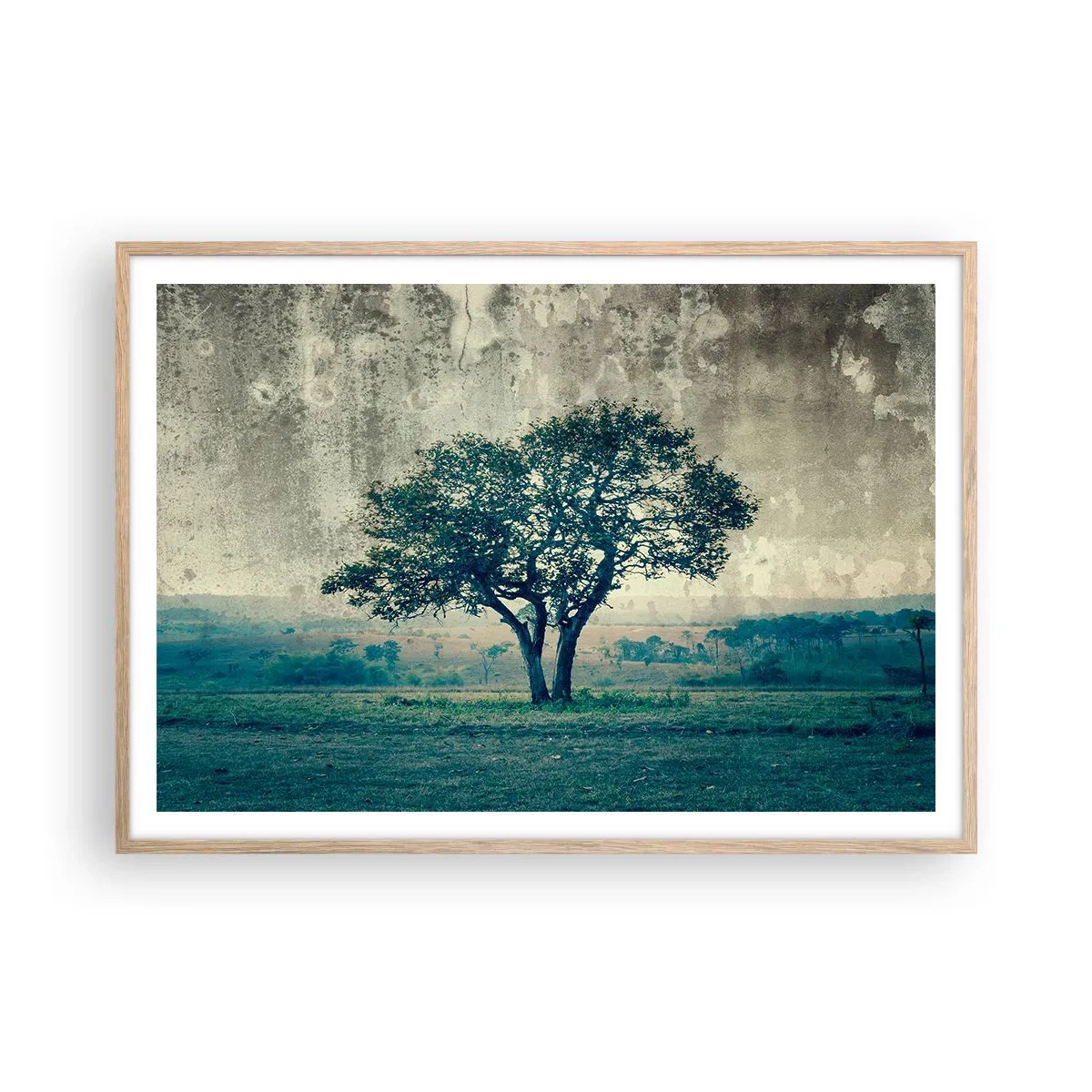 Poster în ramă de stejar deschis - Un măr pe o pajiște albastră? - 100x70 cm
