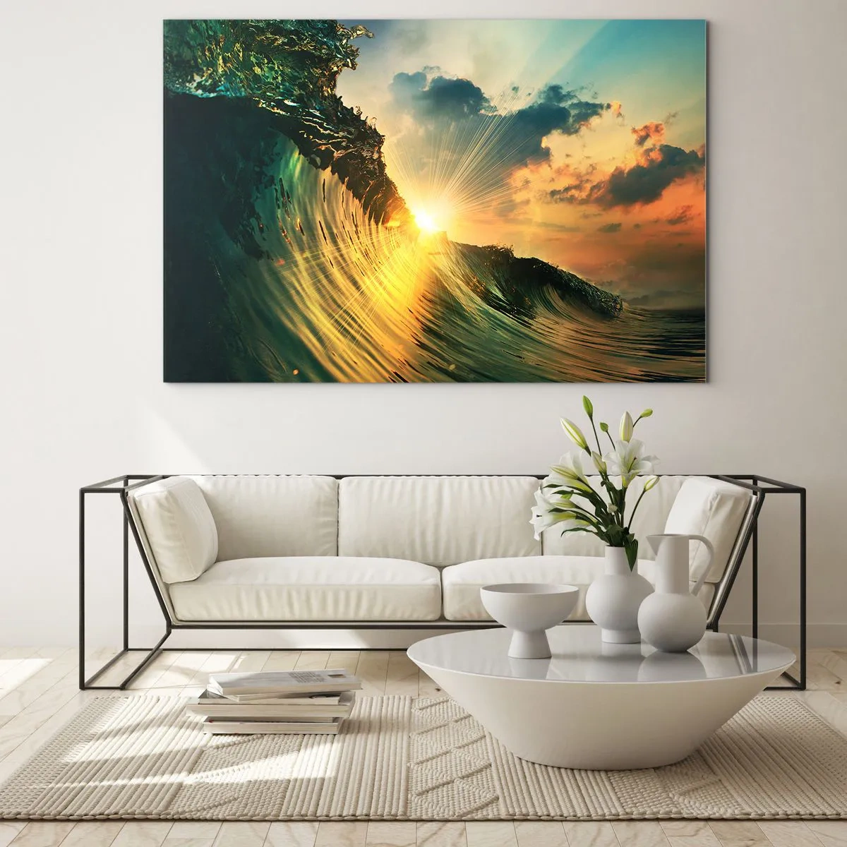 Tablou pe sticlă - Soarele care apune luminând valurile oceanului - 70x50cm - Surferule, unde ești? - Decorațiune modernă pentru perete pentru living și dormitor ARTTOR