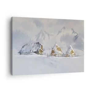 Tablou pe pânză Canvas - Peisaj de iarnă cu o căsuță și căpițe de fân în munți - 70x50cm - Într-o vale înzăpezită - Decorațiune modernă pentru perete pentru living și dormitor ARTTOR