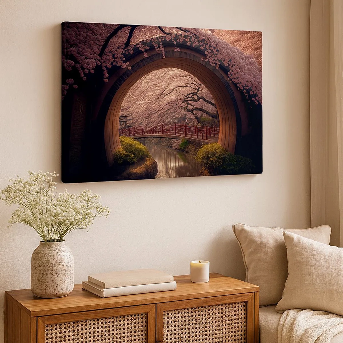 Tablou pe pânză Canvas - Un pod tradițional japonez înconjurat de flori de cireș - 70x50cm - Primăvara japoneză - Decorațiune modernă pentru perete pentru living și dormitor ARTTOR