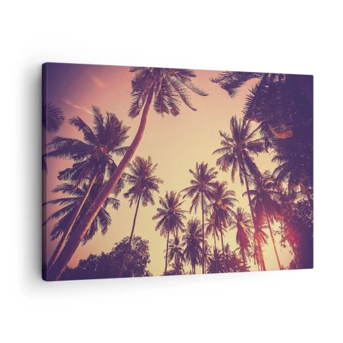 Tablou pe pânză Canvas - Palmieri pe cer cu culori calde ale apusului - 70x50cm - Variație tropicală - Decorațiune modernă pentru perete pentru living și dormitor ARTTOR