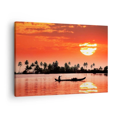 Tablou pe pânză Canvas - Apus de soare tropical cu o barcă și palmieri în fundal - 70x50cm - Liniștea tropicelor la apus de soare - Decorațiune modernă pentru perete pentru living și dormitor ARTTOR