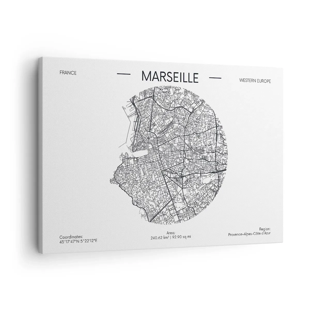 Tablou pe pânză Canvas - Hartă a Marsiliei într-un stil minimalist - 70x50cm - Anatomia Marsiliei - Decorațiune modernă pentru perete pentru living și dormitor ARTTOR