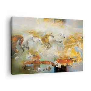 Tablou pe pânză Canvas - Cai artistici într-un decor dinamic și colorat - 70x50cm - Galopând prin lumină - Decorațiune modernă pentru perete pentru living și dormitor ARTTOR