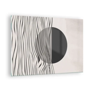 Tablou pe sticlă - Valuri negre și un cerc pe un fundal bej - 70x50cm - Semicompunere - Decorațiune modernă pentru perete pentru living și dormitor ARTTOR