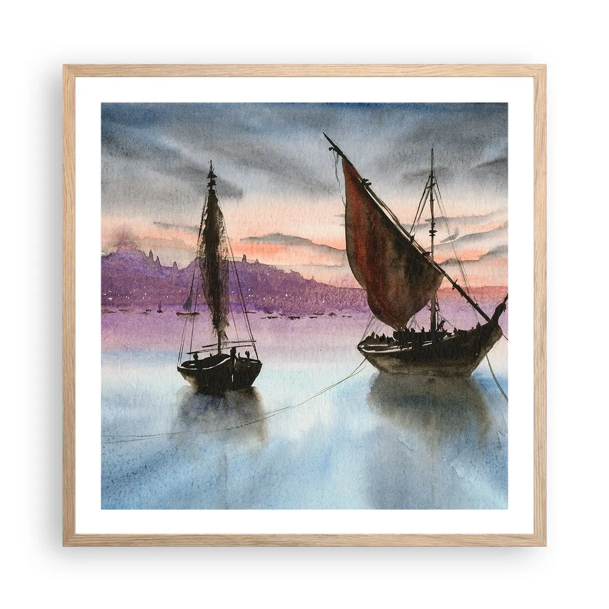 Poster în ramă de stejar deschis - O seară în port - 60x60 cm