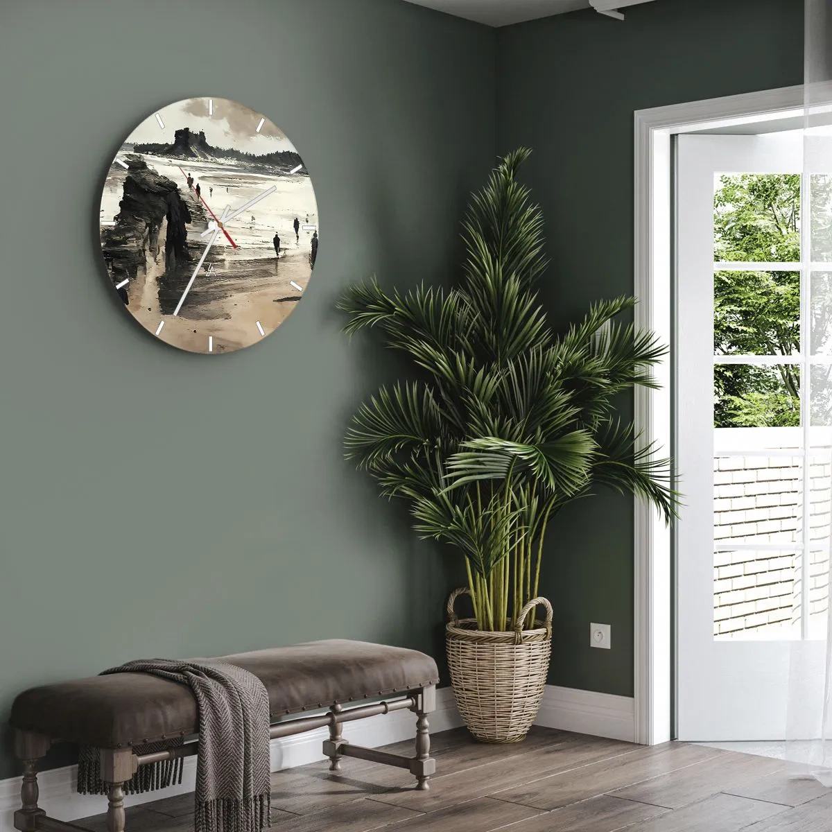 Ceas de perete - Ceas pe sticlă - Figuri care merg pe plajă cu stânci în fundal - 30x30cm - Reamintiți - Decorațiune modernă pentru perete pentru living, bucătărie și dormitor ARTTOR