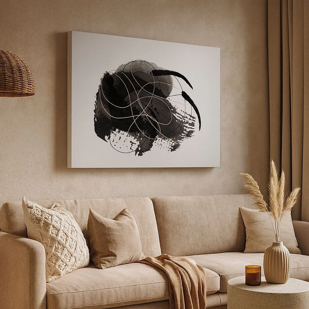 Tablou pe pânză Canvas - Abstracție în negru și auriu pe fundal alb - 70x50cm - Provenit din negru - Decorațiune modernă pentru perete pentru living și dormitor ARTTOR