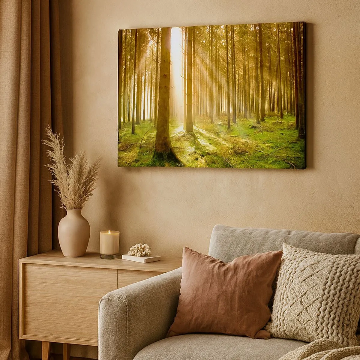 Tablou pe pânză Canvas - Pădure de conifere cu raze de soare care strălucesc printre copaci - 70x50cm - Spiridușii sunt pe cale să apară - Decorațiune modernă pentru perete pentru living și dormitor ARTTOR
