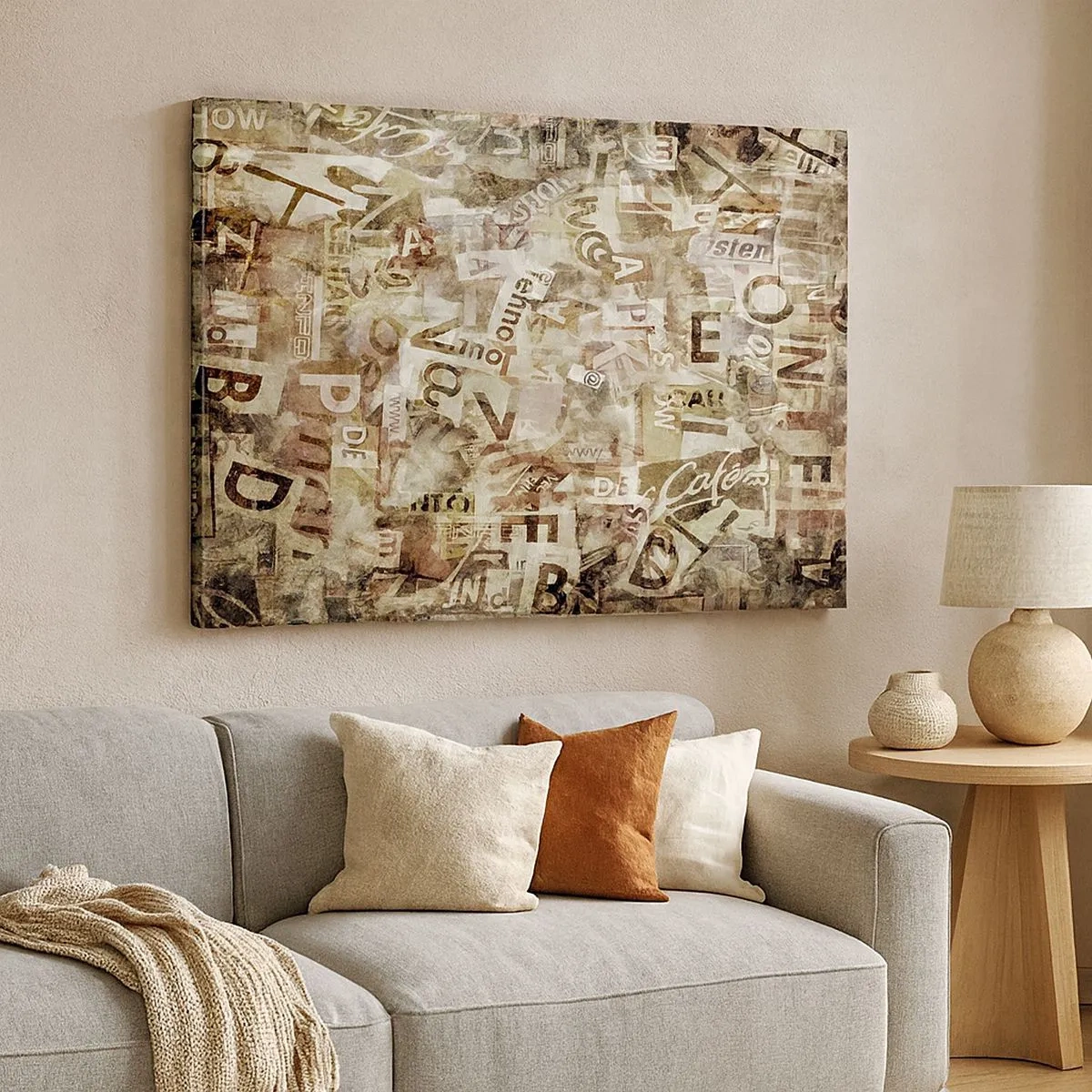 Tablou pe pânză Canvas - Compoziție abstractă cu litere și fragmente de text - 70x50cm - Îi unesc pe cei care stau la taclale - Decorațiune modernă pentru perete pentru living și dormitor ARTTOR
