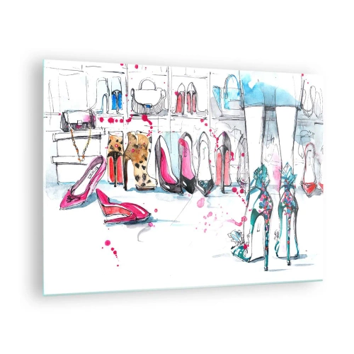 Tablou pe sticlă - Ilustrație cu tocuri înalte elegante într-un magazin - 70x50cm - Sesam, deschide-te - Decorațiune modernă pentru perete pentru living și dormitor ARTTOR
