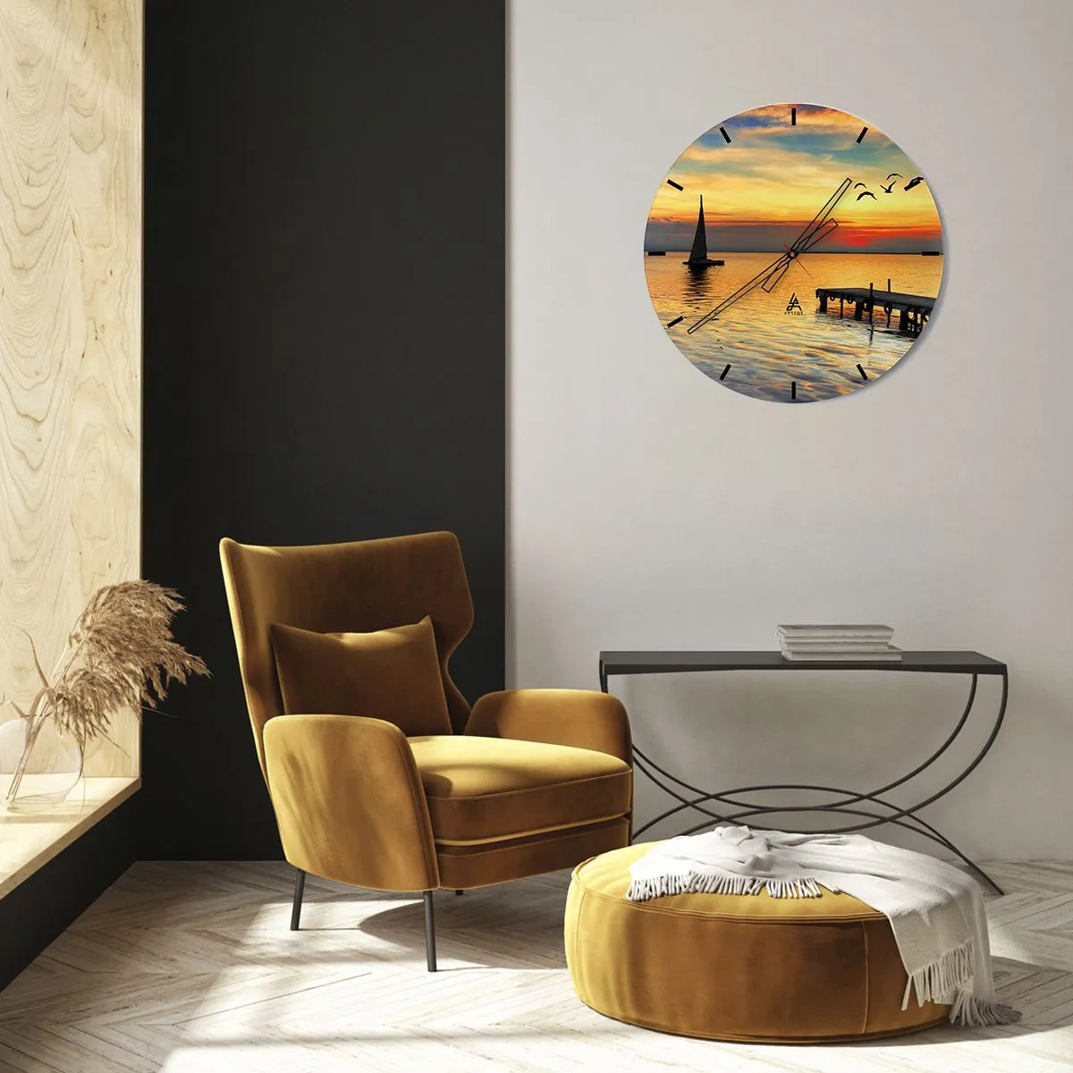 Ceas de perete - Ceas pe sticlă - Iaht la apus cu dig și păsări - 30x30cm - Retururi de seară - Decorațiune modernă pentru perete pentru living, bucătărie și dormitor ARTTOR