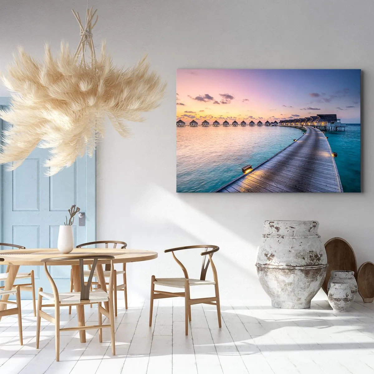 Tablou pe pânză Canvas - Digul care duce la căsuțele de pe malul apei la apus - 70x50cm - Vacanță - înapoi la sursă - Decorațiune modernă pentru perete pentru living și dormitor ARTTOR