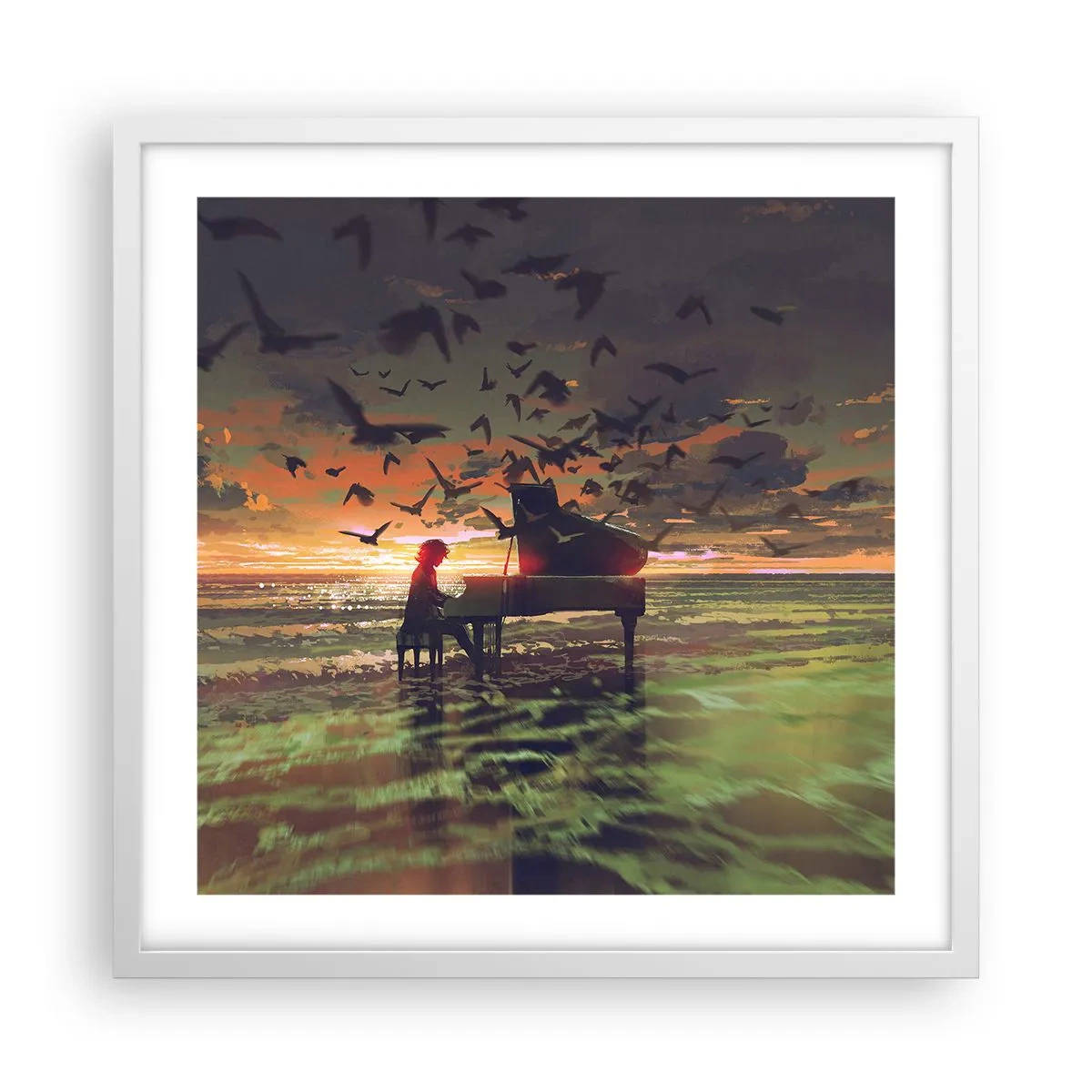 Poster în ramă albă - Concert pentru pian și valuri - 50x50 cm