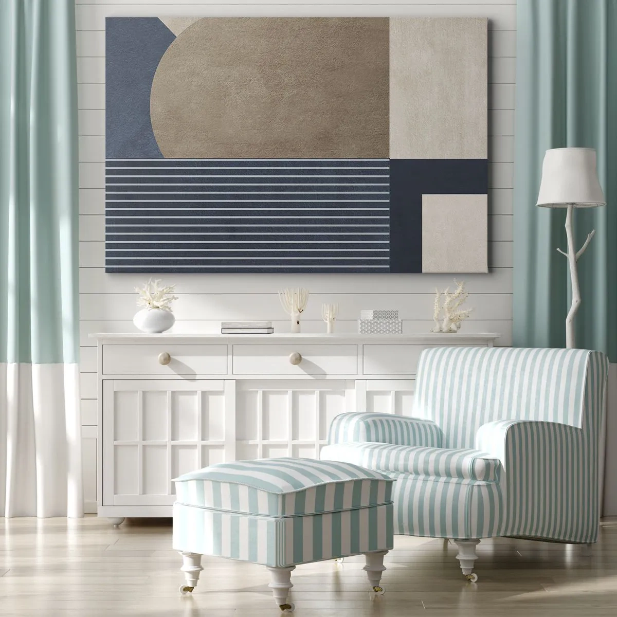Tablou pe pânză Canvas - Figuri geometrice în nuanțe de bej și bleumarin cu linii - 70x50cm - Compoziție de simplitate și rotunjime - Decorațiune modernă pentru perete pentru living și dormitor ARTTOR