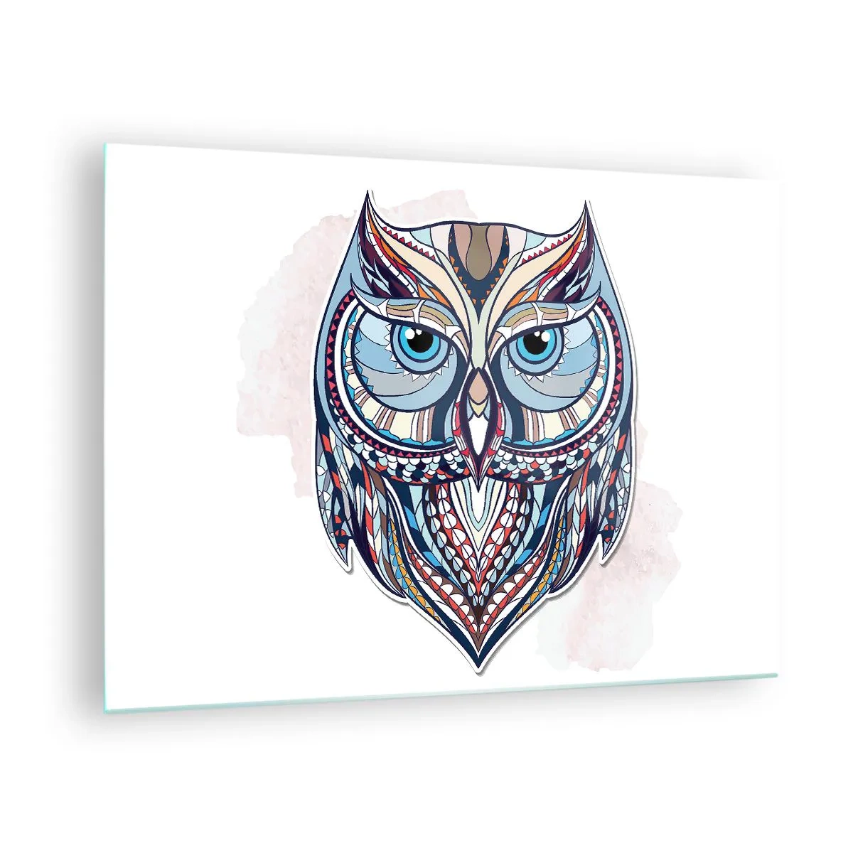 Tablou pe sticlă - Portret colorat, geometric al unei bufnițe - 70x50cm - Bufniță ornamentală artistică - Decorațiune modernă pentru perete pentru living și dormitor ARTTOR
