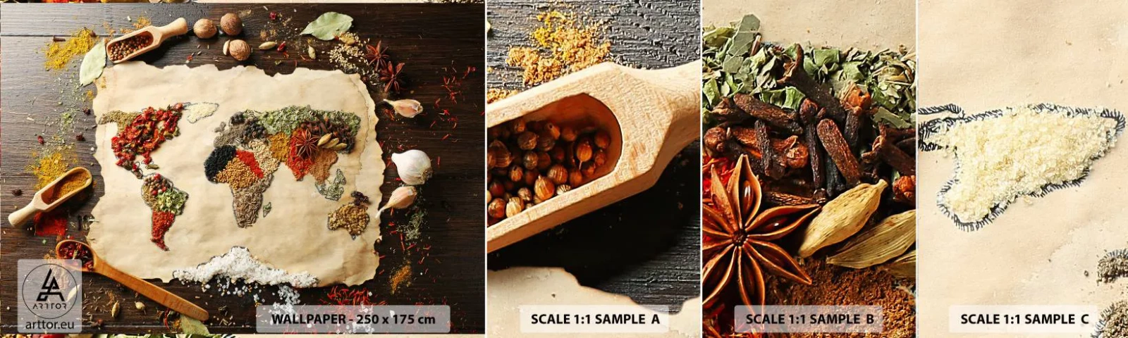 Mostră de Tapet Standard Eco - Toate gusturile lumii - Gastronomie, Harta lumii, Condimente uscate - 100x30 cm