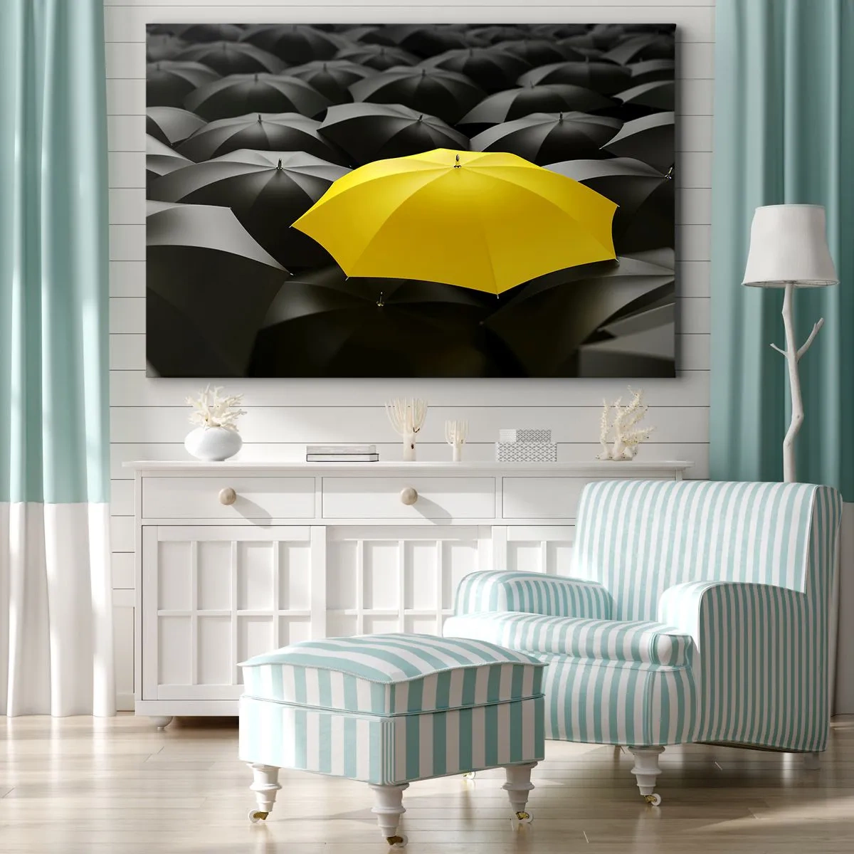 Tablou pe pânză Canvas - O umbrelă galbenă printre umbrele negre - 70x50cm - La revedere, tristețe - Decorațiune modernă pentru perete pentru living și dormitor ARTTOR