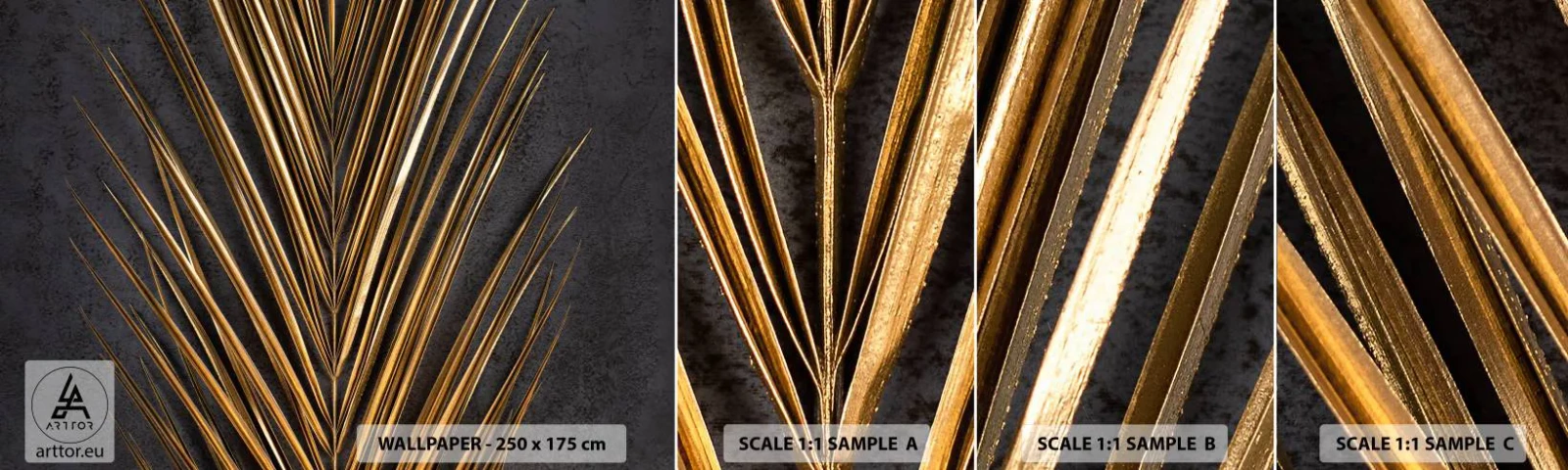 Mostră tapet autocolant Deluxe Sticker - Aur tropical - Frunza de palmier, Bucată, Abstracția - 100x30 cm