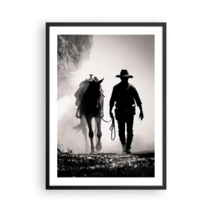 Poster în ramă neagră - Silueta unui cowboy cu calul său în ceața dimineții - 50x70cm - Texas de dimineața - Decorațiune modernă pentru perete pentru living și dormitor ARTTOR