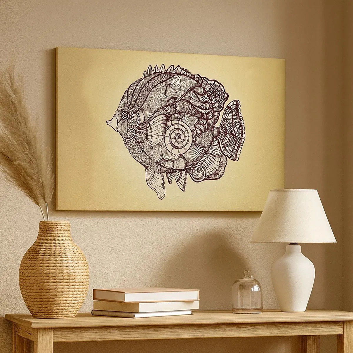 Tablou pe pânză Canvas - Pești decorativi în stil de desen cu modele - 70x50cm - Dintr-un ocean de ornamente - Decorațiune modernă pentru perete pentru living și dormitor ARTTOR
