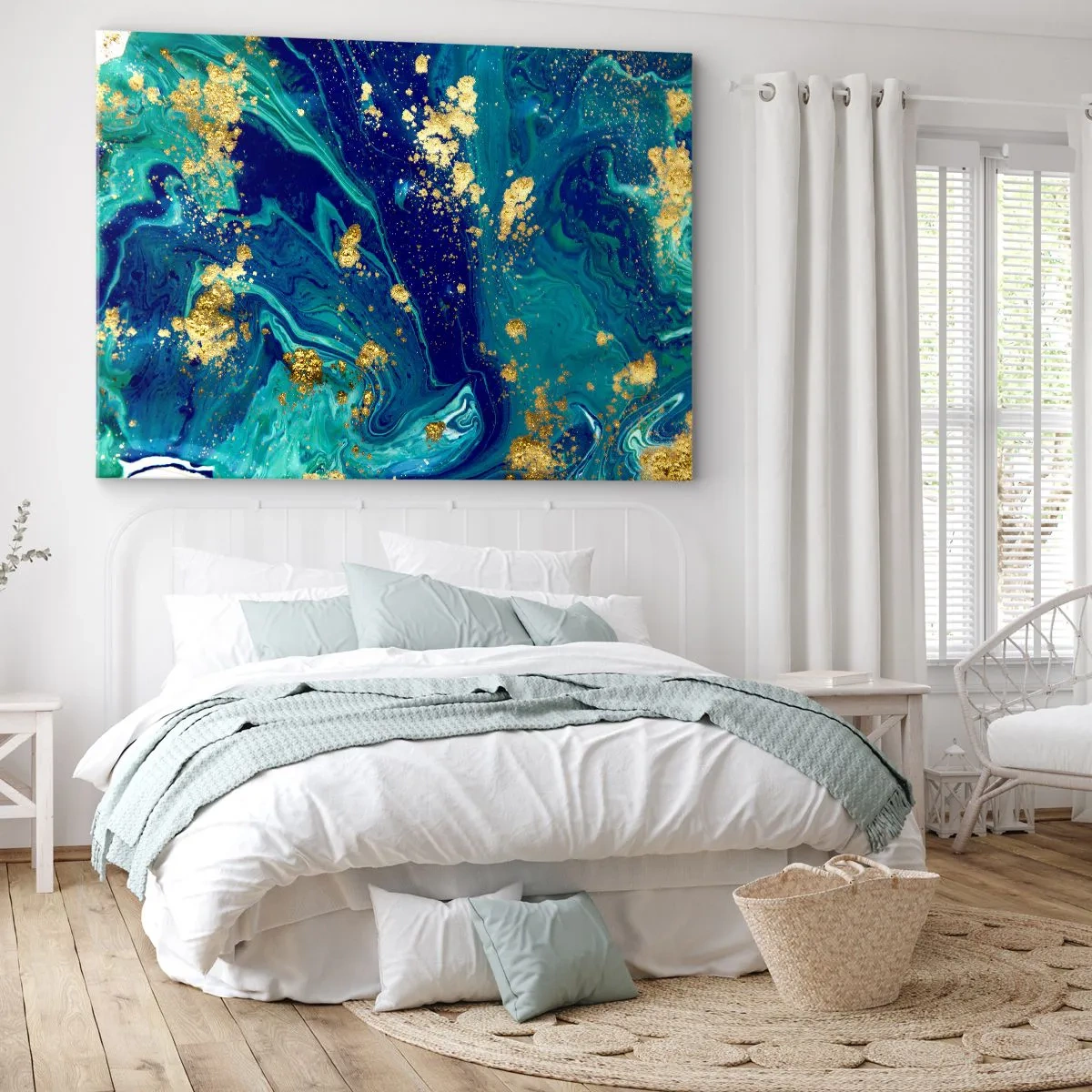 Tablou pe pânză Canvas - O compoziție abstractă cu accente albastre, verzi și aurii. - 70x50cm - Petale de soare  - Decorațiune modernă pentru perete pentru living și dormitor ARTTOR