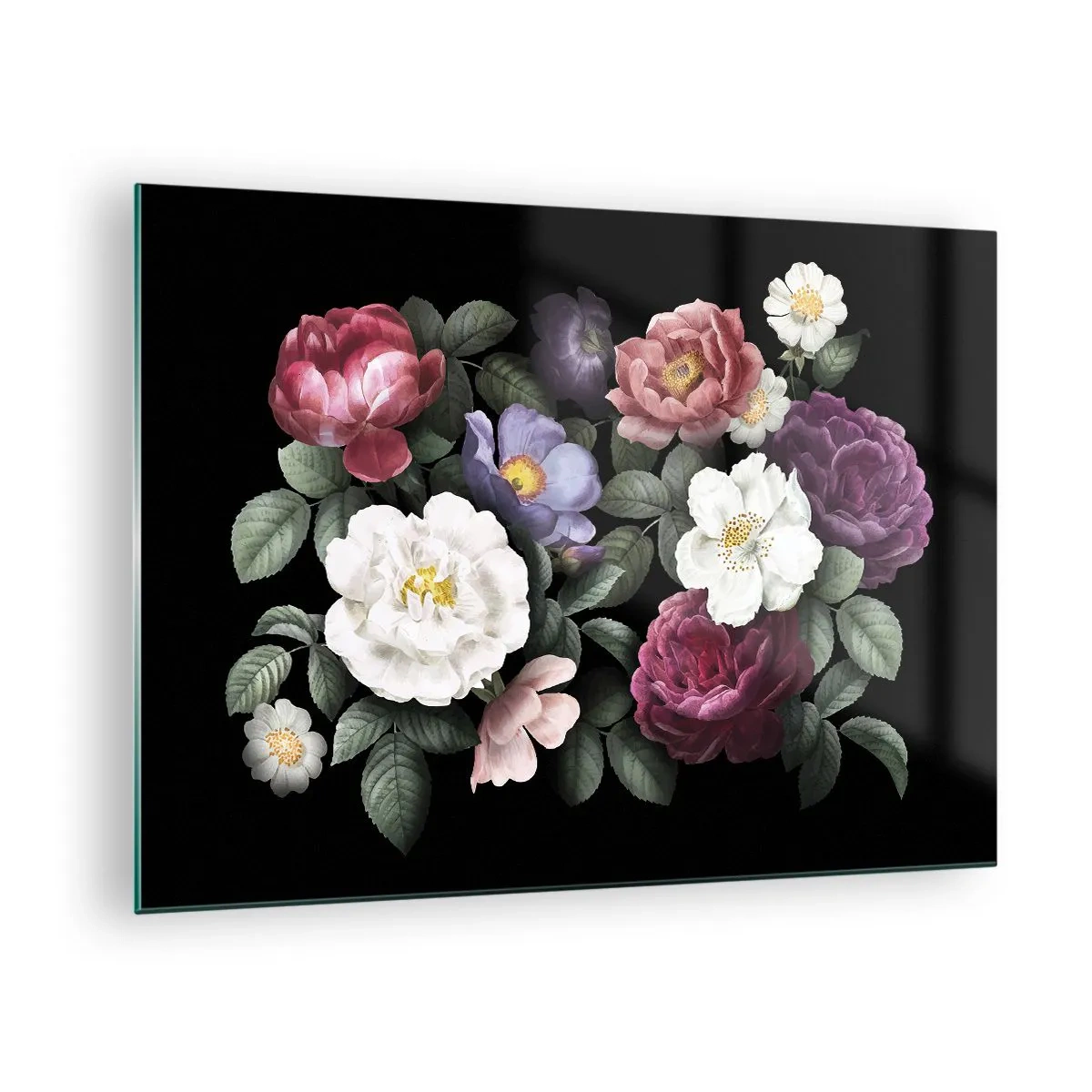 Tablou pe sticlă - Compoziție florală cu bujori pe fundal negru - 70x50cm - Dintr-o grădină engleză - Decorațiune modernă pentru perete pentru living și dormitor ARTTOR