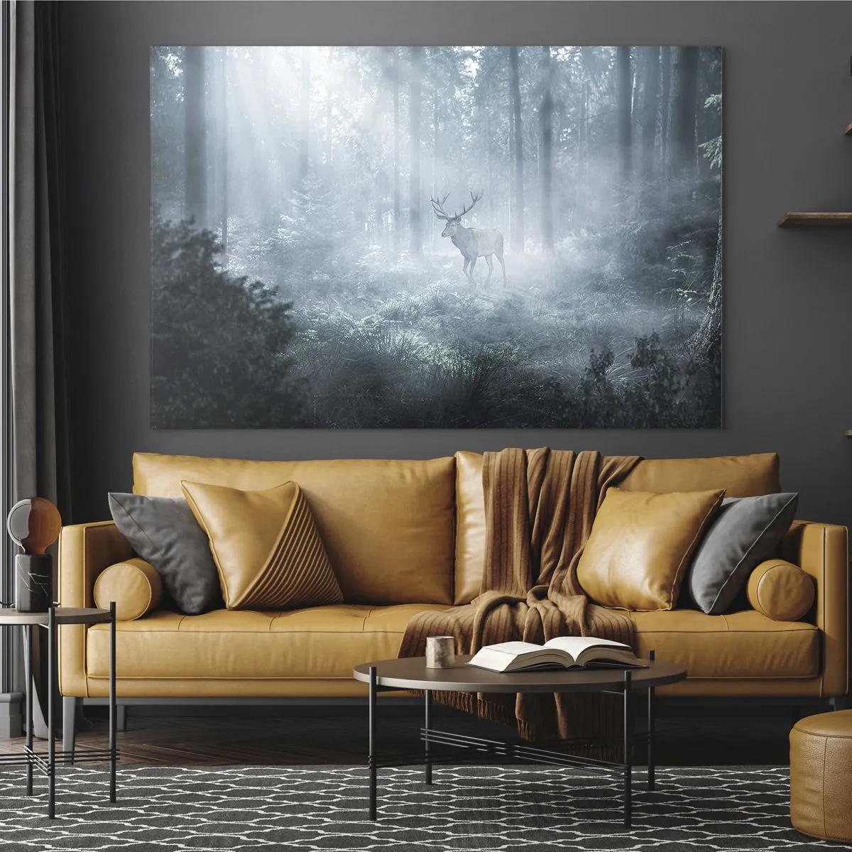 Tablou pe sticlă - Un cerb într-o pădure învăluită în ceață, iluminat de razele soarelui de dimineață - 70x50cm - Plimbarea de dimineață prin regat - Decorațiune modernă pentru perete pentru living și dormitor ARTTOR
