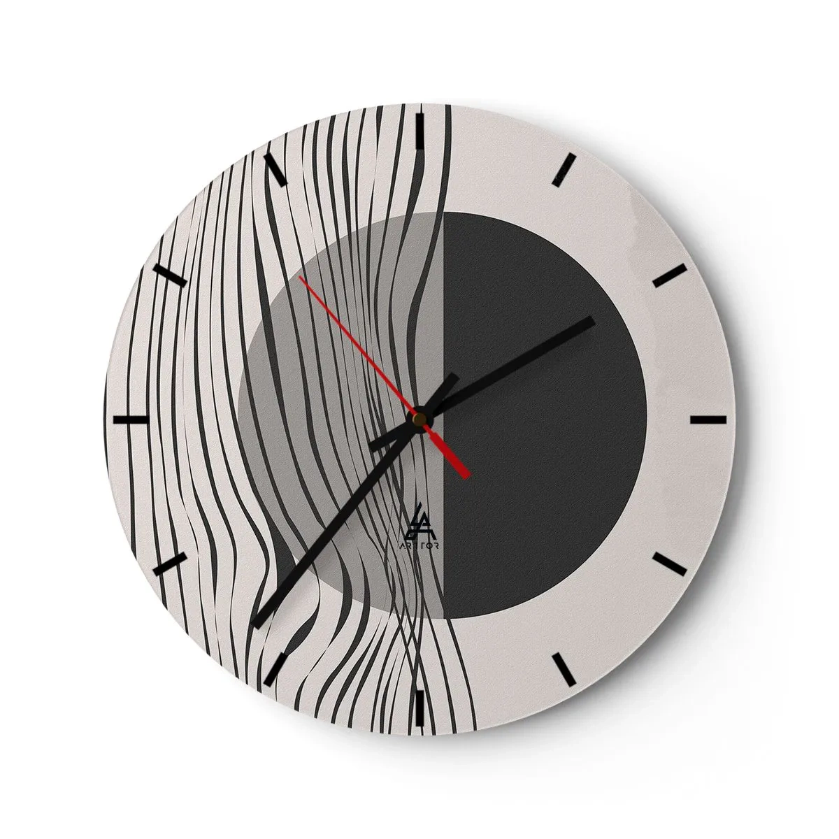 Ceas de perete - Ceas pe sticlă - Compoziție abstractă cu valuri și un cerc - 30x30cm - Semicompunere - Decorațiune modernă pentru perete pentru living, bucătărie și dormitor ARTTOR