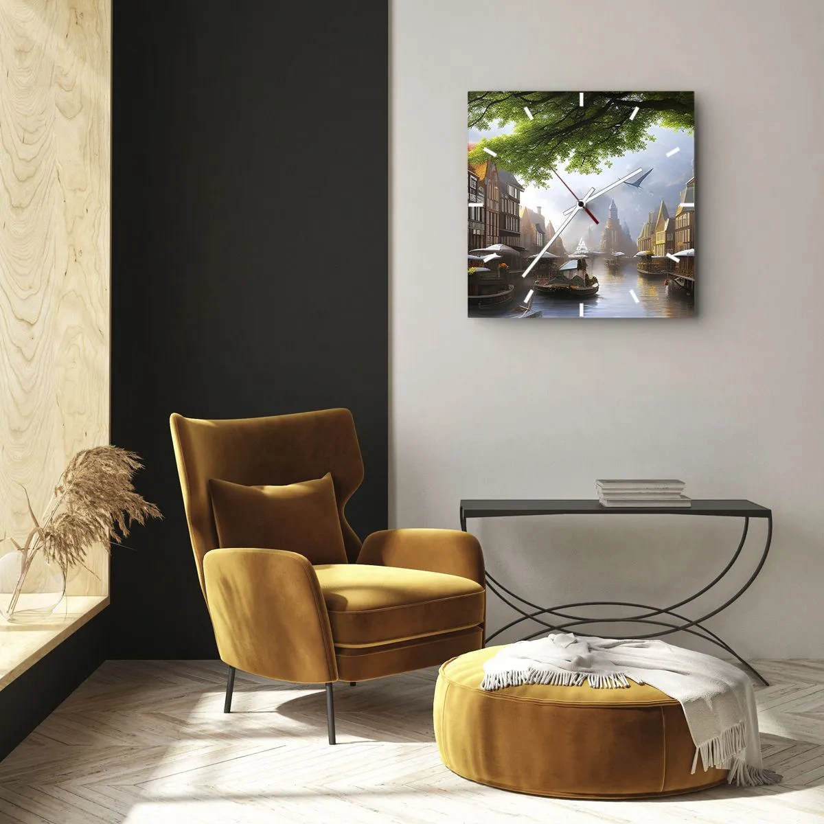 Ceas de perete - Ceas pe sticlă - Peisaj urban olandez  - 40x40 cm