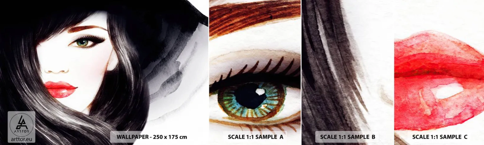 Mostră tapet autocolant Deluxe Sticker - Privirea de safir - Chipul de femeie, buze rosii, Ochi verzi - 100x30 cm