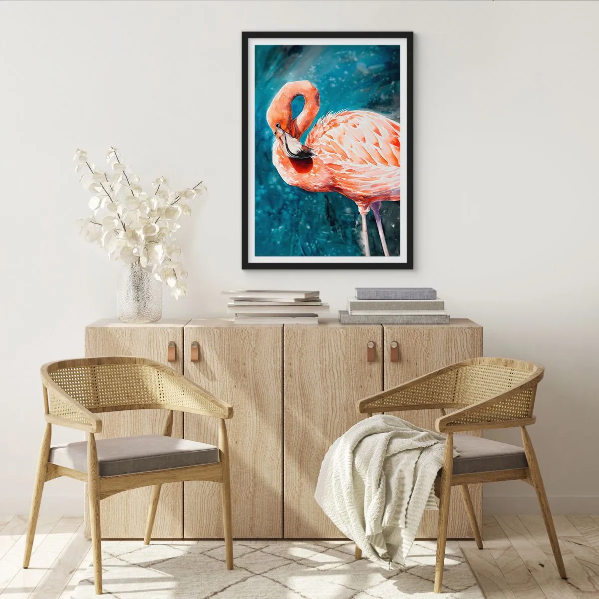 Poster în ramă neagră - Un flamingo în acuarelă pe un fundal de apă turcoaz - 50x70cm - Decorativ prin natură - Decorațiune modernă pentru perete pentru living și dormitor ARTTOR