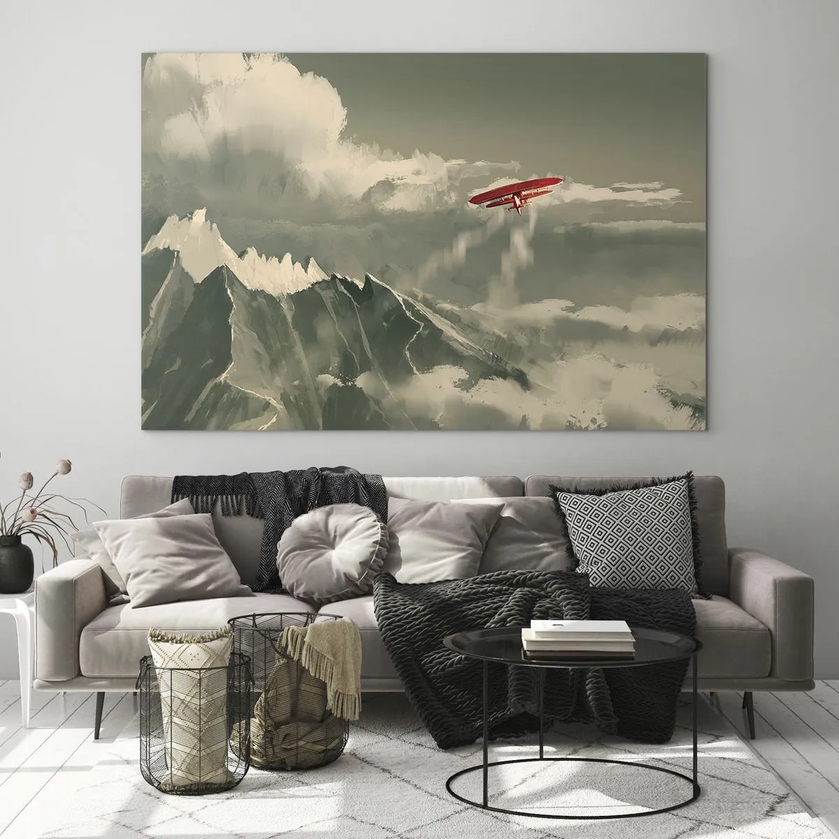 Tablou pe sticlă - Un avion roșu zboară peste munți acoperiți de zăpadă - 70x50cm - Un pionier neînfricat - Decorațiune modernă pentru perete pentru living și dormitor ARTTOR
