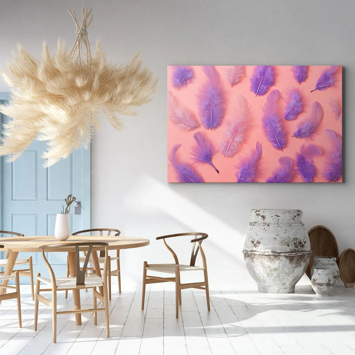 Tablou pe pânză Canvas - Pene violet și roz pe un fundal pastel - 70x50cm - Pasăre liliac de dorință - Decorațiune modernă pentru perete pentru living și dormitor ARTTOR