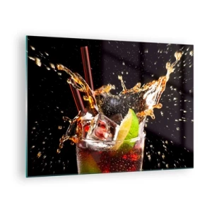 Tablou pe sticlă - Un pahar cu lime și stropi pe un fundal negru - 70x50cm - Bucurie și energie colorată - Decorațiune modernă pentru perete pentru living și dormitor ARTTOR