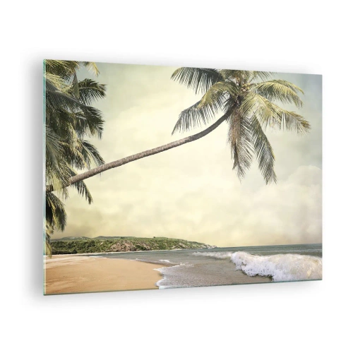 Tablou pe sticlă - Plajă tropicală cu palmieri și valuri - 70x50cm - Vis tropical - Decorațiune modernă pentru perete pentru living și dormitor ARTTOR