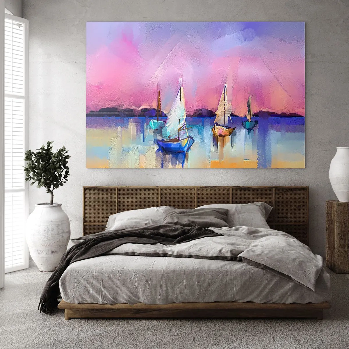 Tablou pe sticlă - Marina abstractă cu bărci cu pânze la apus - 70x50cm - Direcția: ape largi - Decorațiune modernă pentru perete pentru living și dormitor ARTTOR