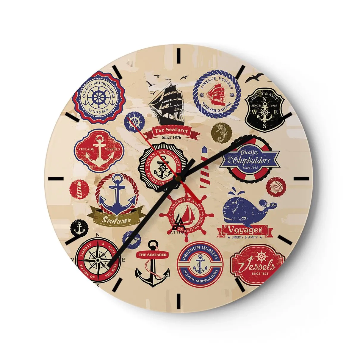 Ceas de perete - Ceas pe sticlă - Grafică nautică colorată pe un fundal bej - 30x30cm - Frăția navigării - Decorațiune modernă pentru perete pentru living, bucătărie și dormitor ARTTOR