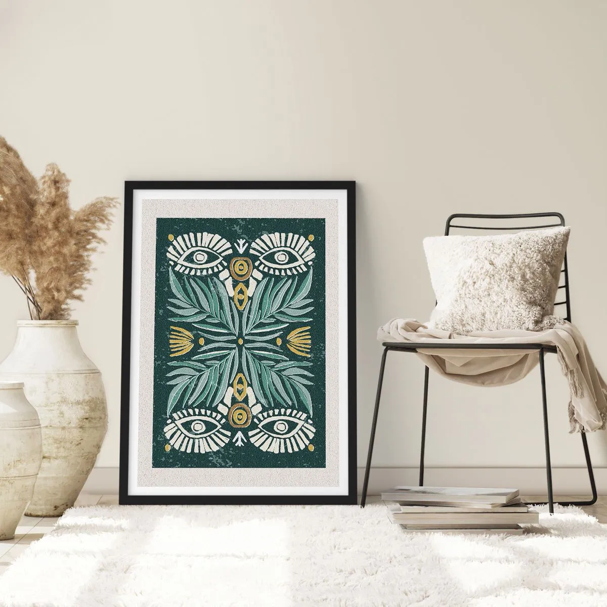 Poster în ramă neagră - Model simetric cu frunze și ochi pe un fundal întunecat - 50x70cm - Ca un decupaj folcloric - Decorațiune modernă pentru perete pentru living și dormitor ARTTOR