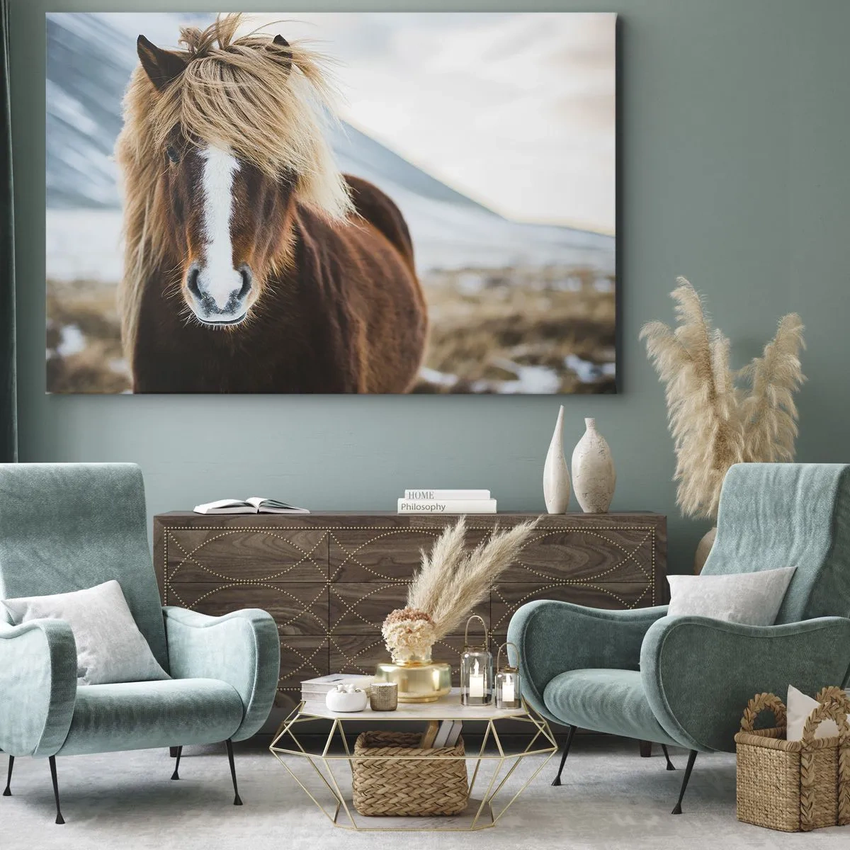 Tablou pe pânză Canvas - Cal islandez pe fundalul unui peisaj montan - 70x50cm - Simțiți libertatea? - Decorațiune modernă pentru perete pentru living și dormitor ARTTOR