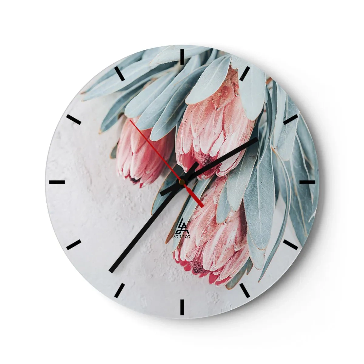 Ceas de perete - Ceas pe sticlă - Flori de Protea cu frunze albastru pal pe un fundal deschis - 30x30cm - Rușinate de propria lor frumusețe - Decorațiune modernă pentru perete pentru living, bucătărie și dormitor ARTTOR
