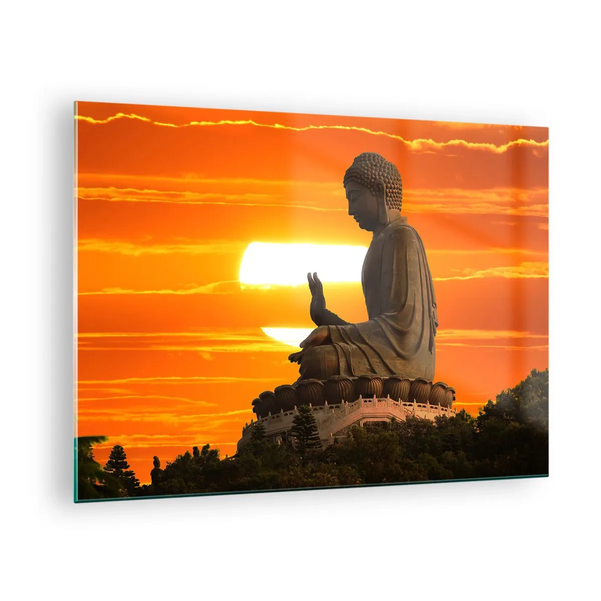 Tablou pe sticlă - Statuia lui Buddha pe fundalul apusului de soare - 70x50cm - Fără frică de lume - Decorațiune modernă pentru perete pentru living și dormitor ARTTOR