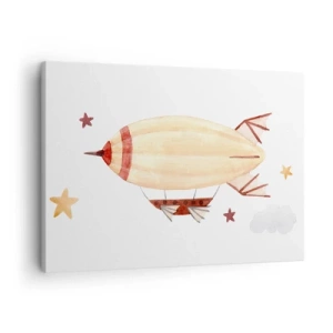 Tablou pe pânză Canvas - Un dirijabil pictat manual pe un fundal de stele - 70x50cm - Aeronava - Decorațiune modernă pentru perete pentru living și dormitor ARTTOR