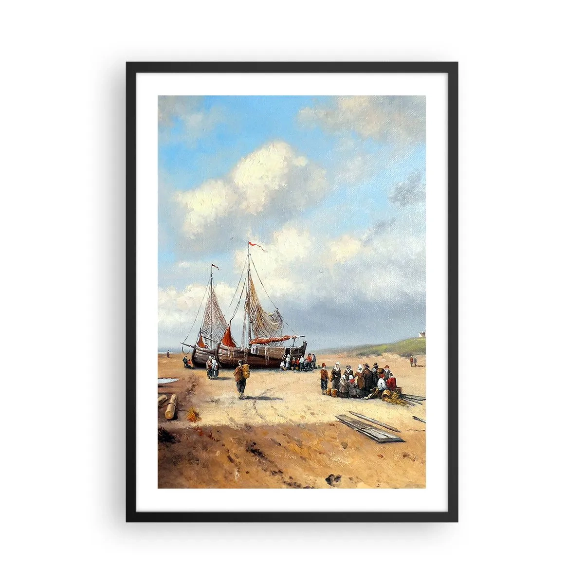 Poster în ramă neagră - Bărci de pescuit tradiționale și pescari pe o plajă cu nisip - 50x70cm - Pescuit de succes - Decorațiune modernă pentru perete pentru living și dormitor ARTTOR